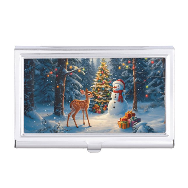 Christmas Tree Scene Cute Deer Fawn Snowman Business Card Case (Front)