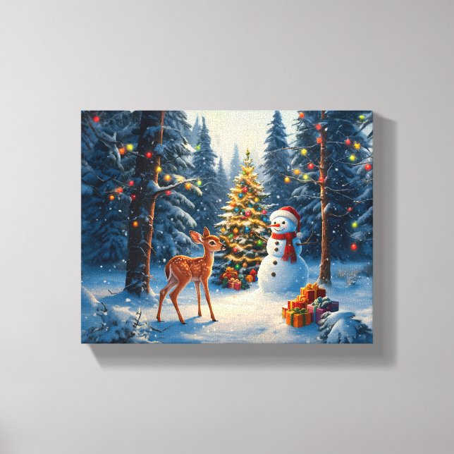 Christmas Tree Scene Cute Deer Fawn Snowman Canvas Print (Front)