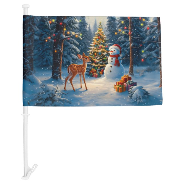 Christmas Tree Scene Cute Deer Fawn Snowman Car Flag (Front)