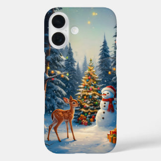Christmas Tree Scene Cute Deer Fawn Snowman iPhone 16 Case