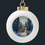 Christmas Tree Scene Cute Deer Fawn Snowman Ceramic Ball Christmas Ornament<br><div class="desc">A winter wonderland scene with a cute fawn,  a happy snowman,  and a Christmas tree with colorful decorations and lights in a snowy forest.</div>