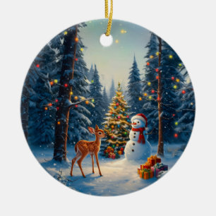 Christmas Tree Scene Cute Deer Fawn Snowman Ceramic Ornament