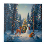 Christmas Tree Scene Cute Deer Fawn Snowman Ceramic Tile<br><div class="desc">A winter wonderland scene with a cute fawn,  a happy snowman,  and a Christmas tree with colorful decorations and lights in a snowy forest.</div>