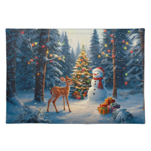 Christmas Tree Scene Cute Deer Fawn Snowman Cloth Placemat