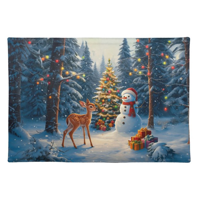 Christmas Tree Scene Cute Deer Fawn Snowman Cloth Placemat (Front)