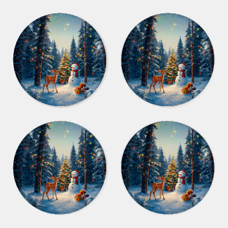 Christmas Tree Scene Cute Deer Fawn Snowman Coaster Set