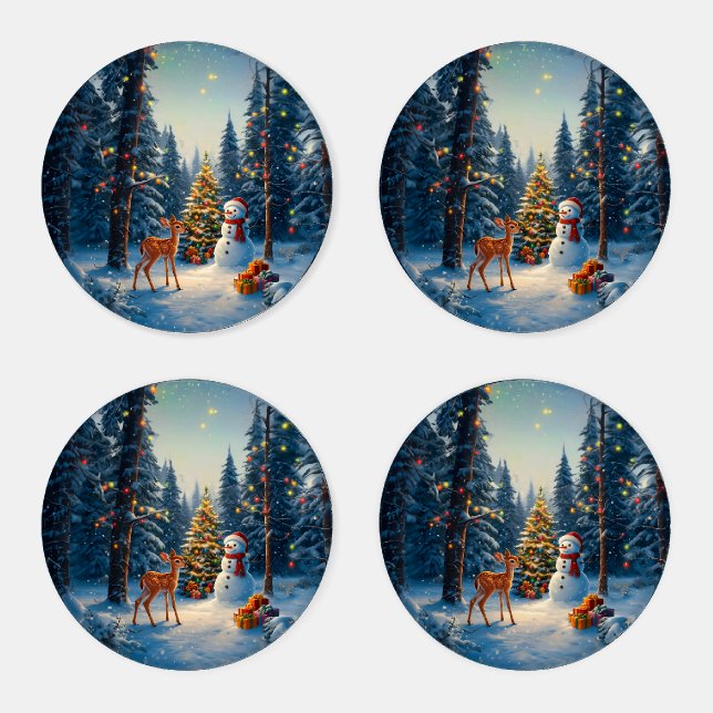 Christmas Tree Scene Cute Deer Fawn Snowman Coaster Set (Set)