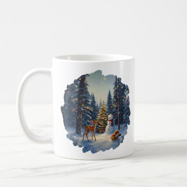 Christmas Tree Scene Cute Deer Fawn Snowman Coffee Mug (Left)