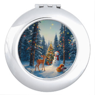Christmas Tree Scene Cute Deer Fawn Snowman Compact Mirror
