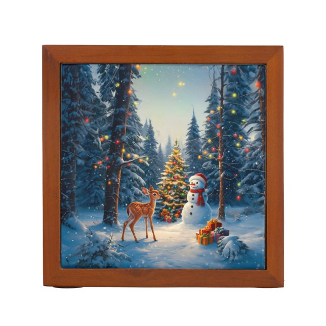 Christmas Tree Scene Cute Deer Fawn Snowman Desk Organizer (Front)