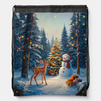 Christmas Tree Scene Cute Deer Fawn Snowman Drawstring Bag