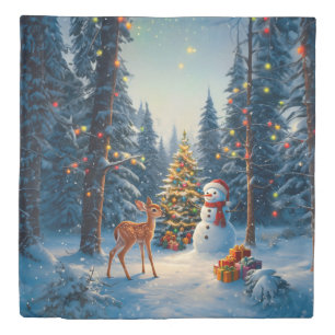 Christmas Tree Scene Cute Deer Fawn Snowman Duvet Cover