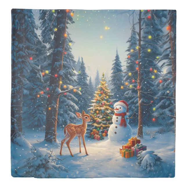 Christmas Tree Scene Cute Deer Fawn Snowman Duvet Cover (Front)