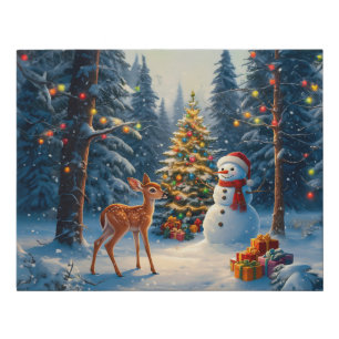 Christmas Tree Scene Cute Deer Fawn Snowman Faux Canvas Print