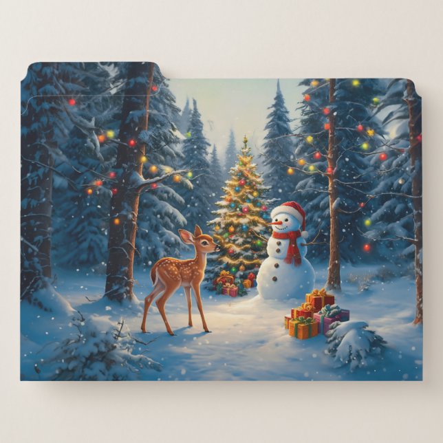Christmas Tree Scene Cute Deer Fawn Snowman File Folder (Front Left)