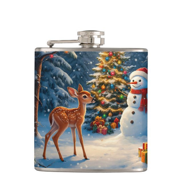 Christmas Tree Scene Cute Deer Fawn Snowman Flask (Front)