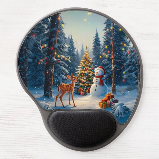Christmas Tree Scene Cute Deer Fawn Snowman Gel Mouse Pad (Front)