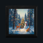 Christmas Tree Scene Cute Deer Fawn Snowman Gift Box<br><div class="desc">A winter wonderland scene with a cute fawn,  a happy snowman,  and a Christmas tree with colorful decorations and lights in a snowy forest.</div>