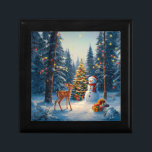 Christmas Tree Scene Cute Deer Fawn Snowman Gift Box<br><div class="desc">A winter wonderland scene with a cute fawn,  a happy snowman,  and a Christmas tree with colorful decorations and lights in a snowy forest.</div>