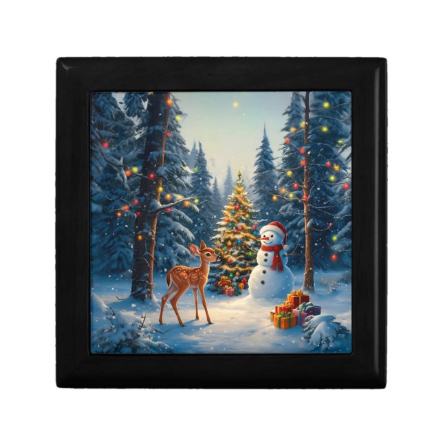 Christmas Tree Scene Cute Deer Fawn Snowman Gift Box (Front)