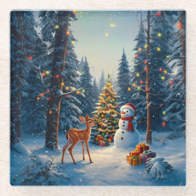 Christmas Tree Scene Cute Deer Fawn Snowman Glass Coaster (Front)