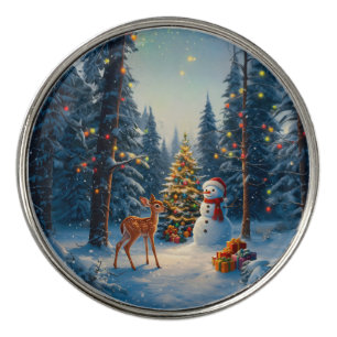 Christmas Tree Scene Cute Deer Fawn Snowman Golf Ball Marker