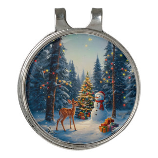 Christmas Tree Scene Cute Deer Fawn Snowman Golf Hat Clip