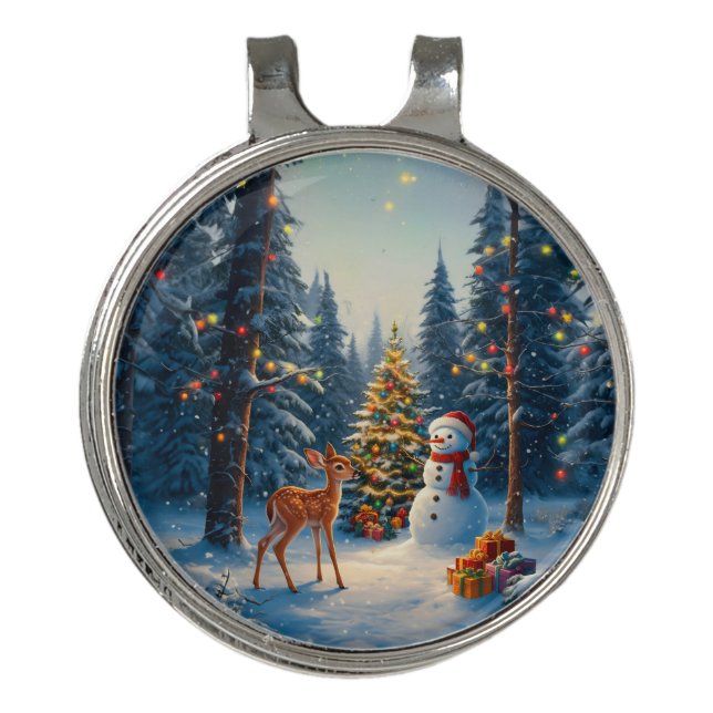 Christmas Tree Scene Cute Deer Fawn Snowman Golf Hat Clip (Front)