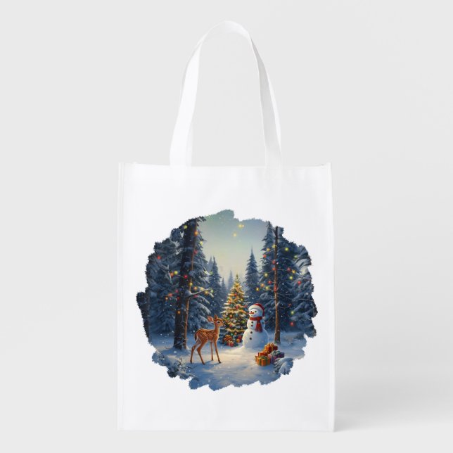 Christmas Tree Scene Cute Deer Fawn Snowman Grocery Bag (Front)