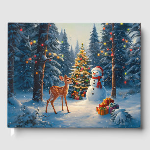 Christmas Tree Scene Cute Deer Fawn Snowman Guest Book
