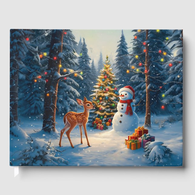 Christmas Tree Scene Cute Deer Fawn Snowman Guest Book (Front)