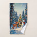 Christmas Tree Scene Cute Deer Fawn Snowman Hand Towel<br><div class="desc">A winter wonderland scene with a cute fawn,  a happy snowman,  and a Christmas tree with colorful decorations and lights in a snowy forest.</div>