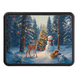 Christmas Tree Scene Cute Deer Fawn Snowman Hitch Cover