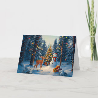Christmas Tree Scene Cute Deer Fawn Snowman Holiday Card