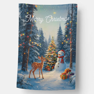 Christmas Tree Scene Cute Deer Fawn Snowman House Flag