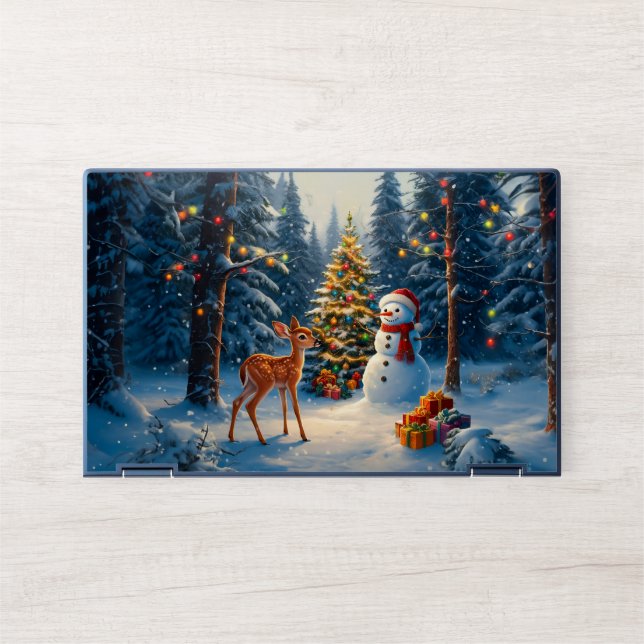 Christmas Tree Scene Cute Deer Fawn Snowman HP Laptop Skin (Front)