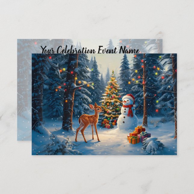 Christmas Tree Scene Cute Deer Fawn Snowman Invitation (Front/Back)