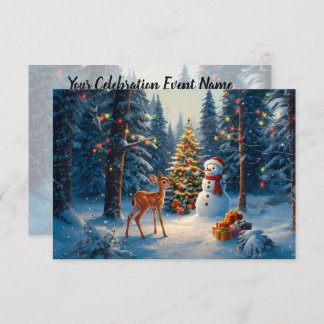 Christmas Tree Scene Cute Deer Fawn Snowman Invitation