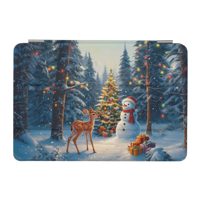 Christmas Tree Scene Cute Deer Fawn Snowman iPad Mini Cover (Horizontal)