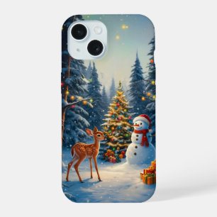 Christmas Tree Scene Cute Deer Fawn Snowman iPhone 15 Case