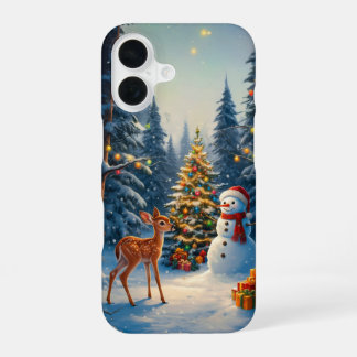 Christmas Tree Scene Cute Deer Fawn Snowman iPhone 16 Case