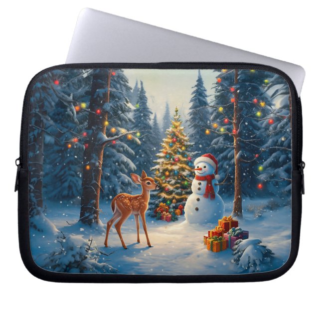Christmas Tree Scene Cute Deer Fawn Snowman Laptop Sleeve (Front)