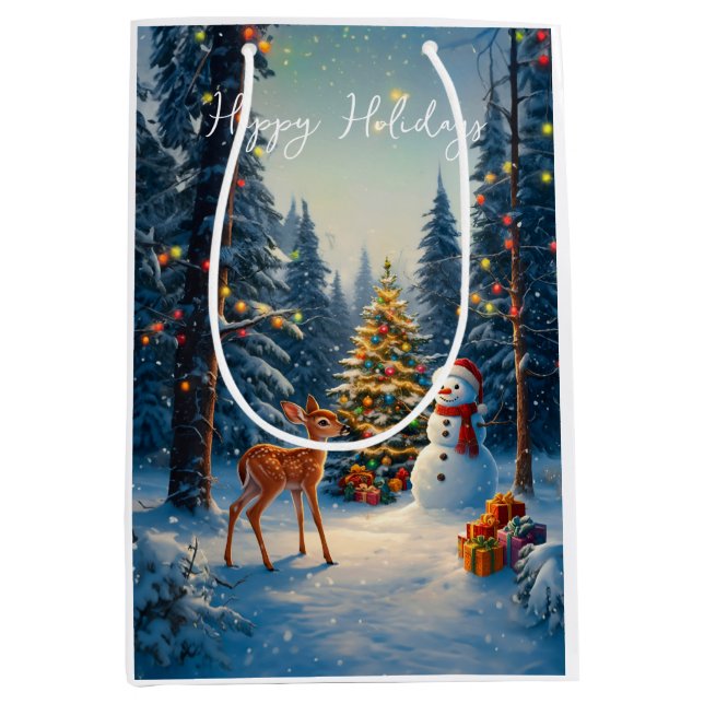 Christmas Tree Scene Cute Deer Fawn Snowman Medium Gift Bag (Front)