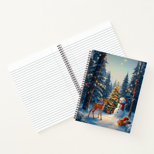 Christmas Tree Scene Cute Deer Fawn Snowman Notebook (Inside)