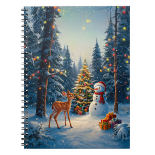 Christmas Tree Scene Cute Deer Fawn Snowman Notebook