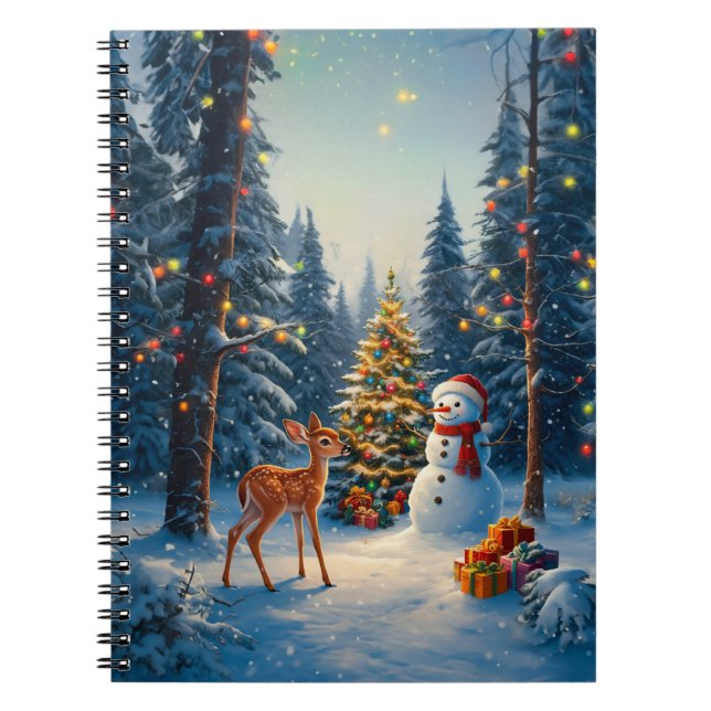 Christmas Tree Scene Cute Deer Fawn Snowman Notebook (Front)