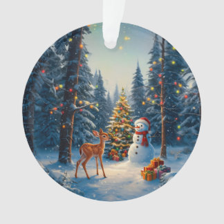 Christmas Tree Scene Cute Deer Fawn Snowman Ornament