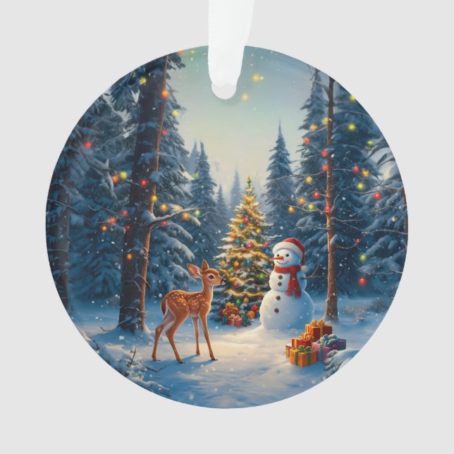 Christmas Tree Scene Cute Deer Fawn Snowman Ornament (Front)
