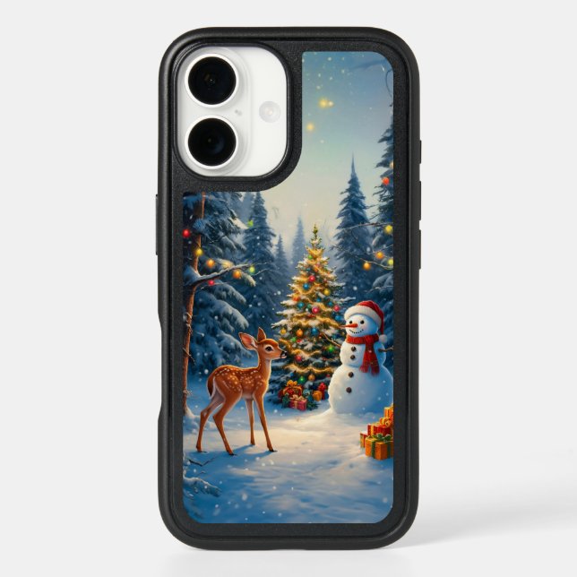 Christmas Tree Scene Cute Deer Fawn Snowman Otterbox iPhone Case (Back)