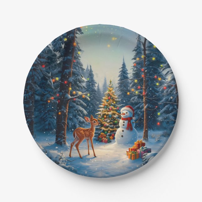 Christmas Tree Scene Cute Deer Fawn Snowman Paper Plates (Front)